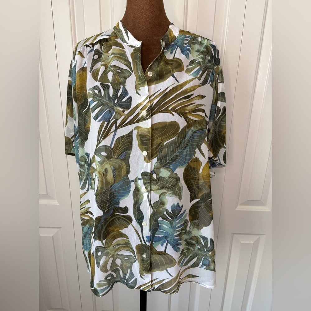 Tommy Bahama Womens Green and White Tropical Print Sheer Button-down Shirt